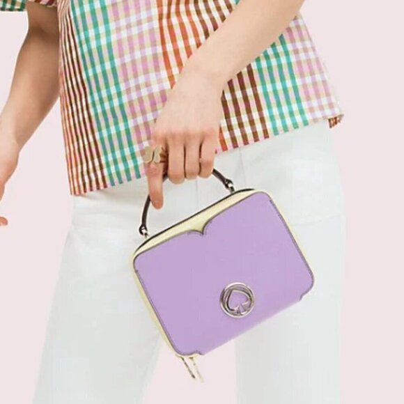 NWT!! Kate Spade Vanity Mini Top Handle Bag -Purple/Cream yellow(Irisbloom) - Picture 4 of 16